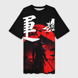 Футболка женская длинная Японский самурай и красная луна, цвет: 3D-принт