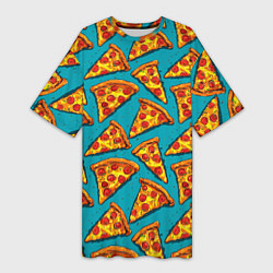 Женская длинная футболка Кусочки пиццы на синем фоне