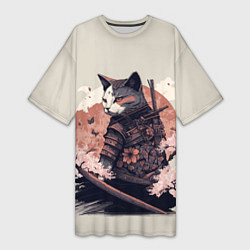 Женская длинная футболка Боевой котенок ниндзя - японская сакура