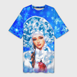 Женская длинная футболка Красивая русская снегурочка