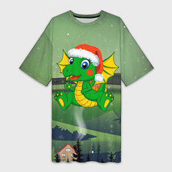 Футболка женская длинная Зеленый дракончик 2024, цвет: 3D-принт