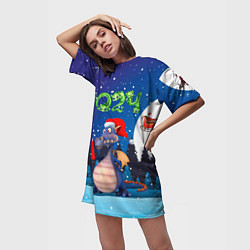 Футболка женская длинная Cиний дракон, цвет: 3D-принт — фото 2