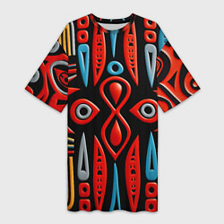 Женская длинная футболка Красно-синий узор в африканском стиле