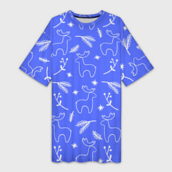 Женская длинная футболка Синий рождественский принт с оленями