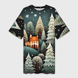 Женская длинная футболка Ночной снегопад в лесу