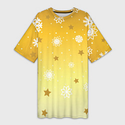 Футболка женская длинная Снежинки и звезды на желтом, цвет: 3D-принт