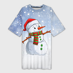 Женская длинная футболка Весёлый снеговик в колпаке