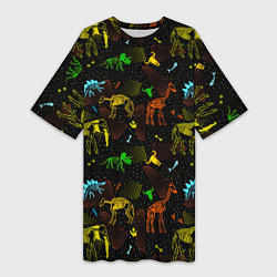 Женская длинная футболка Скелеты динозавров неон