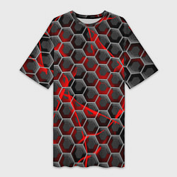 Футболка женская длинная Красные узоры шестиугольник, цвет: 3D-принт