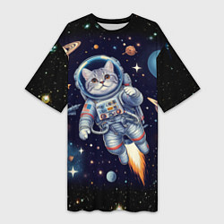 Женская длинная футболка Крутой котик в открытом космосе - нейросеть