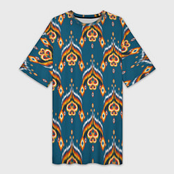 Футболка женская длинная Узбекская имитация ткани икат - синий орнамент, цвет: 3D-принт