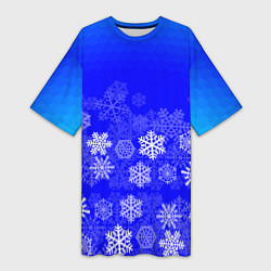 Женская длинная футболка Снежинки на синем