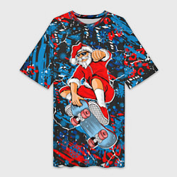 Женская длинная футболка Санта Клаус на скейтборде