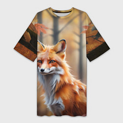 Женская длинная футболка Рыжая лисица в осеннем лесу
