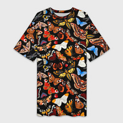 Женская длинная футболка Разноцветные тропические бабочки