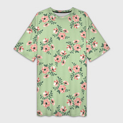 Женская длинная футболка Паттерн с розовыми цветами на бледно-зеленом