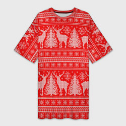 Женская длинная футболка Новогодний узор с оленями и елками
