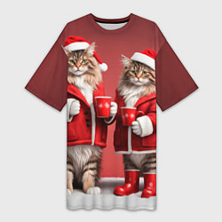 Женская длинная футболка С новым котом - два кота в костюмах Санты