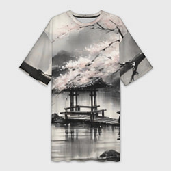 Женская длинная футболка Пейзаж японское озеро