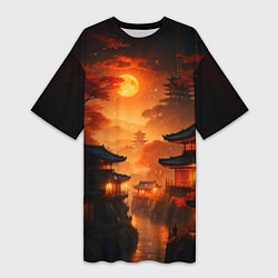 Женская длинная футболка Мрачная япония - пейзаж