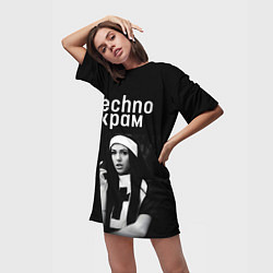 Футболка женская длинная Techno храм монашка с сигаретой, цвет: 3D-принт — фото 2