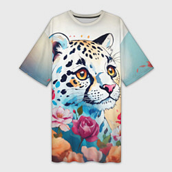 Женская длинная футболка Мультяшный леопард в цветах