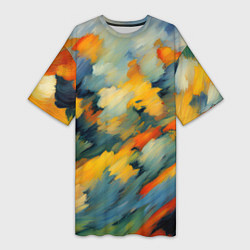 Футболка женская длинная Жёлтые и синие мазки, цвет: 3D-принт
