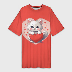 Женская длинная футболка Мультяшный котенок держит красное сердечко