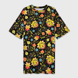 Женская длинная футболка Хохломская роспись разноцветные цветы