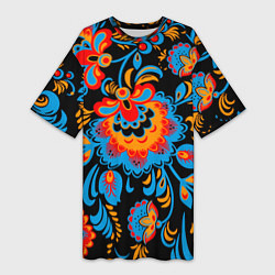 Женская длинная футболка Хохломская роспись разноцветные цветы на чёроном ф