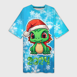 Женская длинная футболка Маленький зеленый новогодний дракон