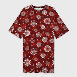 Женская длинная футболка Snowflakes on a red background