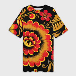 Женская длинная футболка Хохломская роспись красно-жёлтые цветы на чёрном ф