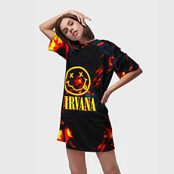 Футболка женская длинная Nirvana rock огненное лого лава, цвет: 3D-принт — фото 2