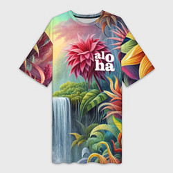 Женская длинная футболка Гавайские тропические цветы - алоха