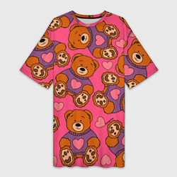 Женская длинная футболка Мишки игрушки в розовых свитерах и сердечки