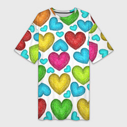 Женская длинная футболка Сердца нарисованные цветными карандашами