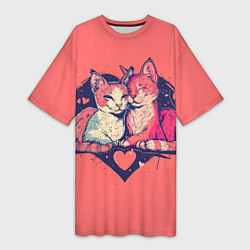 Женская длинная футболка Влюбленные коты в виде сердца