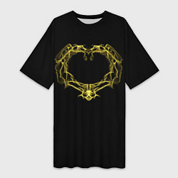 Женская длинная футболка Сердце желтыми энергетическими линиями на черном