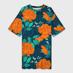 Женская длинная футболка Паттерн с оранжевыми цветами