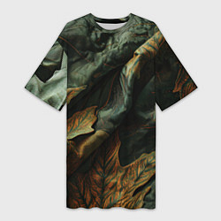 Женская длинная футболка Реалистичный охотничий камуфляж из ткани и листьев