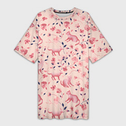 Женская длинная футболка Розовый паттерн с цветами и котиками