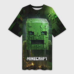 Женская длинная футболка Minecraft зеленый персонаж в пещере