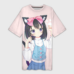 Женская длинная футболка Аниме девочка кошка с ушками