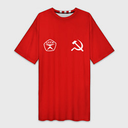 Женская длинная футболка СССР гост три полоски на красном фоне