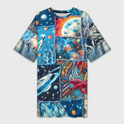 Женская длинная футболка Космические обитатели на дениме