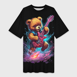 Футболка женская длинная Большой плюшевый медведь играет на гитаре, цвет: 3D-принт