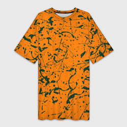 Женская длинная футболка Оранжевый с брызгами зеленой краски