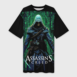 Футболка женская длинная Assassins creed зеленый стиль матрицы, цвет: 3D-принт