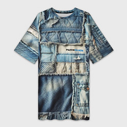 Футболка женская длинная Patchwork denim - vogue, цвет: 3D-принт